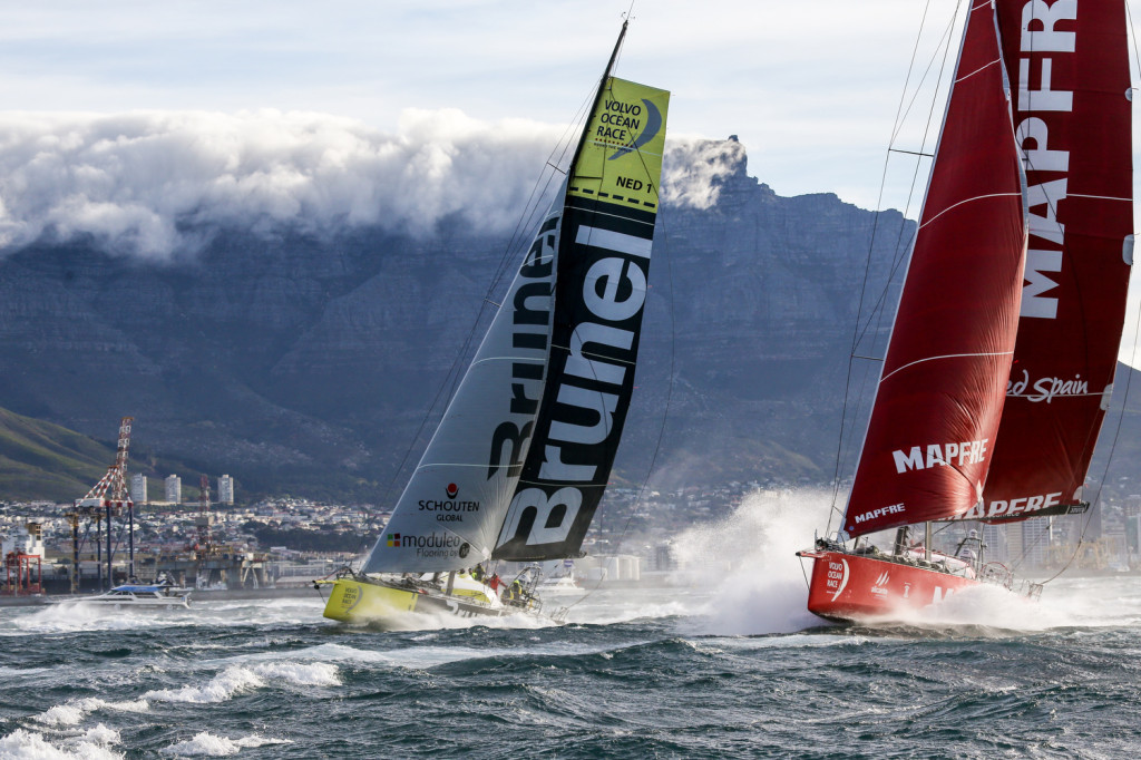 Brunel and Mapfre leave Cape Town, South Africa at start of Leg 2 of the Volvo Ocean Race 2014-15 (Photo © Chris Shoemaker/Volvo Ocean Race)