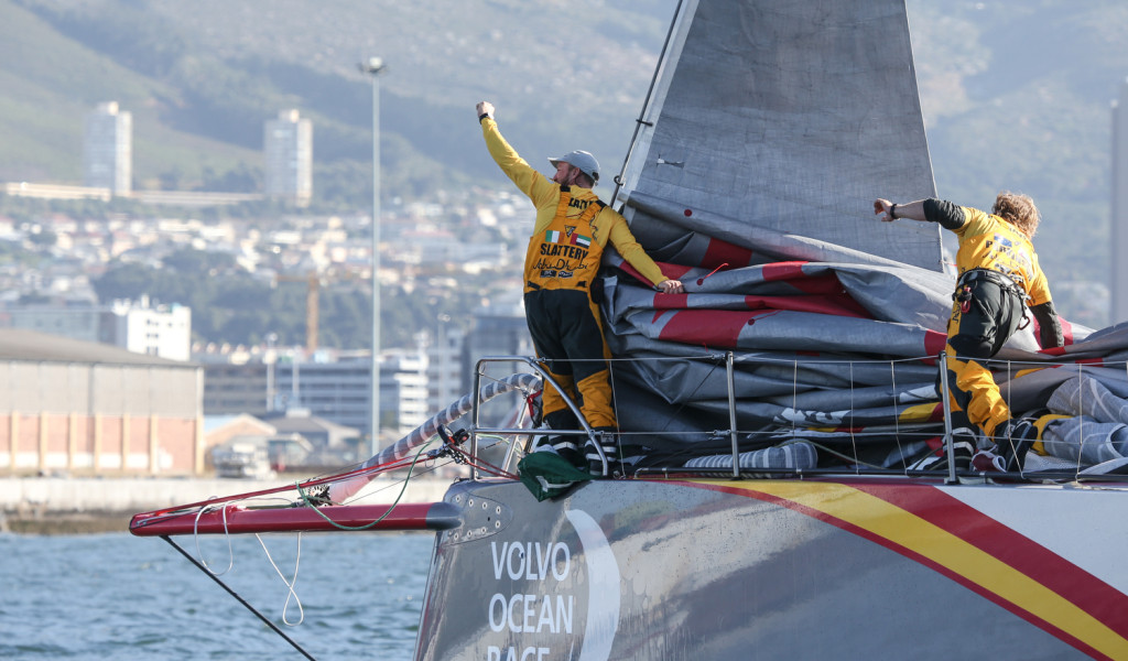November 5, 2014. Abu Dhabi Ocean Racing celebrate after crossing the finish line in Cape Town as the winners of  Leg 1 (Photo copyright Charlie Shoemaker/Volvo Ocean Race)