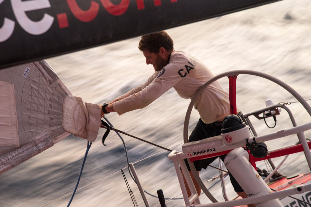 Charles Caudrelier,  Skipper of Dongfeng Race Team making sail adjustments prior to winning leg 3 of the Volvo Ocean Race 2014-15 in Sanya, China (Photo by  Sam Greenfield/Dongfeng Race Team/Volvo Ocean Race)