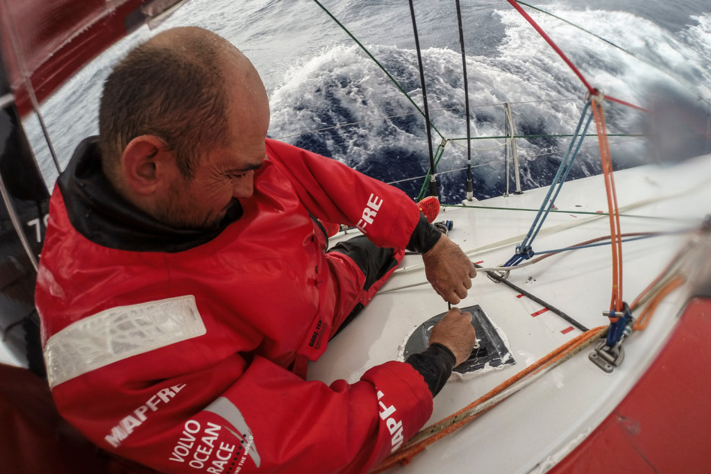 SANYA, CHINA - FEBRUARY 13:  In this handout image provided by the Volvo Ocean Race onboard MAPFRE, Xabi Fernandez holding the new base for the outrigger during Leg 4 from Sanya to Auckland on February 08, 2015 in Sanya, China. The Volvo Ocean Race 2014-15 is the 12th running of this ocean marathon. Starting from Alicante in Spain on October 04, 2014, the route, spanning some 39,379 nautical miles, visits 11 ports in eleven countries (Spain, South Africa, United Arab Emirates, China, New Zealand, Brazil, United States, Portugal, France, The Netherlands and Sweden) over nine months. The Volvo Ocean Race is the world's premier ocean yacht race for professional racing crews. (Photo by Francisco Vignale/MAPFRE/Volvo Ocean Race via Getty Images)