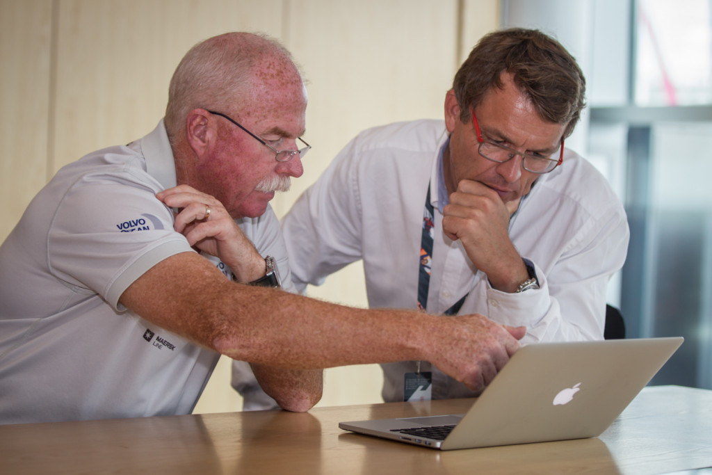 March 12, 2015. Volvo Ocean Race CEO Knut Frostad  and Race Director Jack Lloyd analyse the weather forecast situation for the start of Leg 5 from Auckland to Itajaí on Sunday March 15. (Photo  © Ainhoa Sanchez/Volvo Ocean Race)