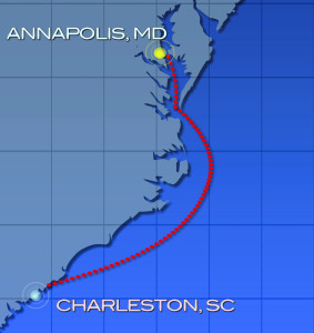 Ocean Race North is 512 nautical miles from Charleston, SC to Annapolis, MD. 