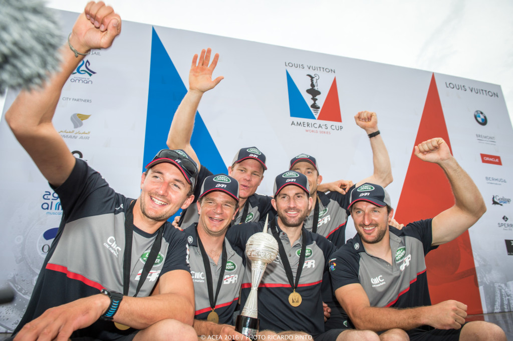 28/02/16 - Muscat (OMN) - 35th America's Cup Bermuda 2017 - Louis Vuitton America's Cup World Series Oman - Racing Day 2 - Prize Giving Ceremony - Oman Series Winners Land Rover BAR (Photo © Ricardo Pinto / ACWS) 