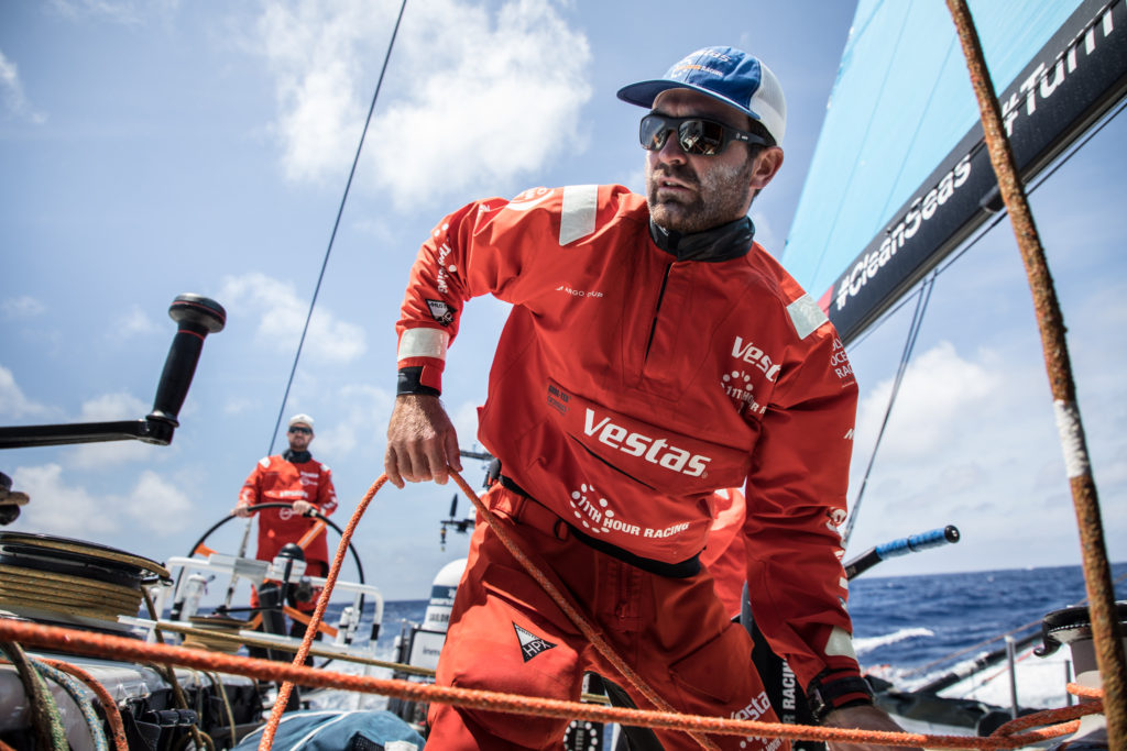 Leg 8 from Itajai to Newport, day 15 on board Vestas 11th Hour. Charlie Enright at the pit before the gybe. 06 May, 2018. (Photo © Martin Keruzore/Volvo Ocean Race)