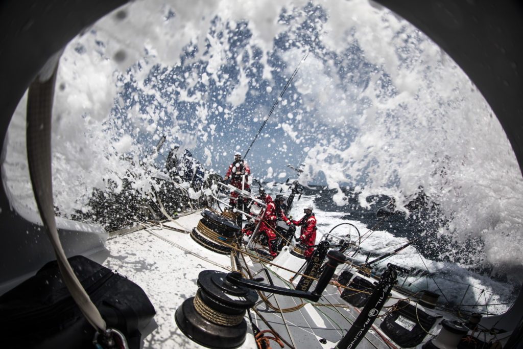  Leg 8 from Itajai to Newport, day 12 on board Sun Hung Kai/Scallywag. Wide angle of sprayed deck. 03 May, 2018. (Photo © Rich Edwards/Volvo Ocean Race)