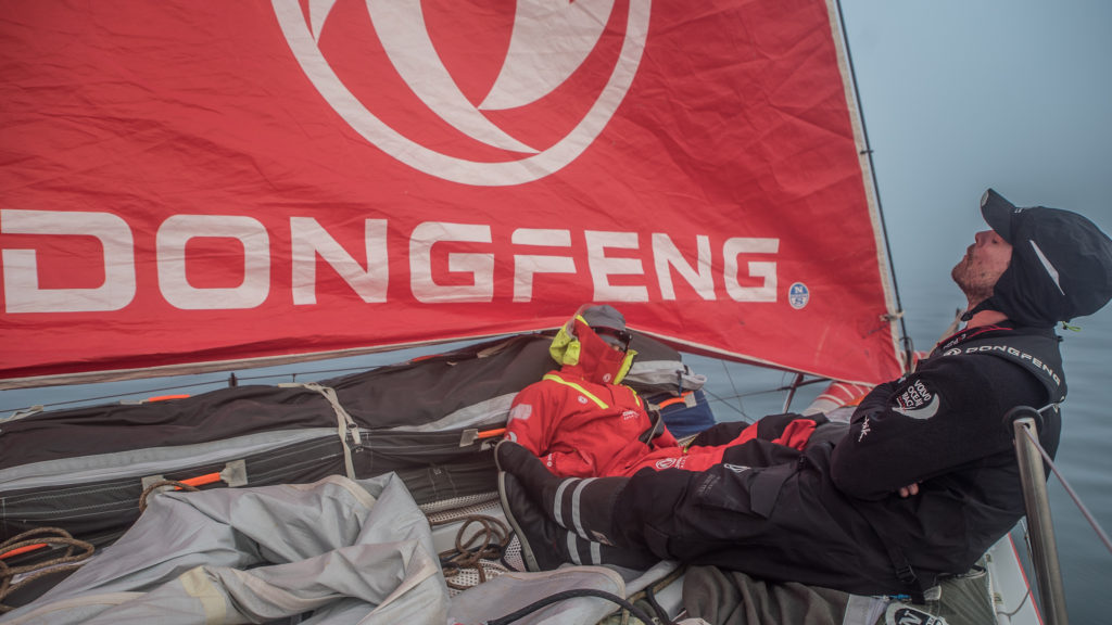 Leg 8 from Itajai to Newport, day 17 on board Dongfeng. 08 May, 2018. Kevin and Marie sleeping at the bow, waiting for the finish. (Photo by Jeremie Lecaudey/Volvo Ocean Race)