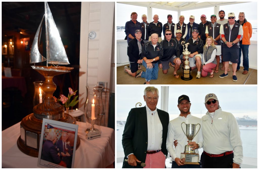 Clockwise from left: Ted Turner Trophy photographed at 12 Metre Yacht Club/Clarke Cooke House; American Eagle team with the 12 Metre North American Trophy; Event Chair Peter Gerard, Alec LeFort and his father Jack LeFort with the Ted Hood Trophy.  (Photo credits: SallyAnne Santos)