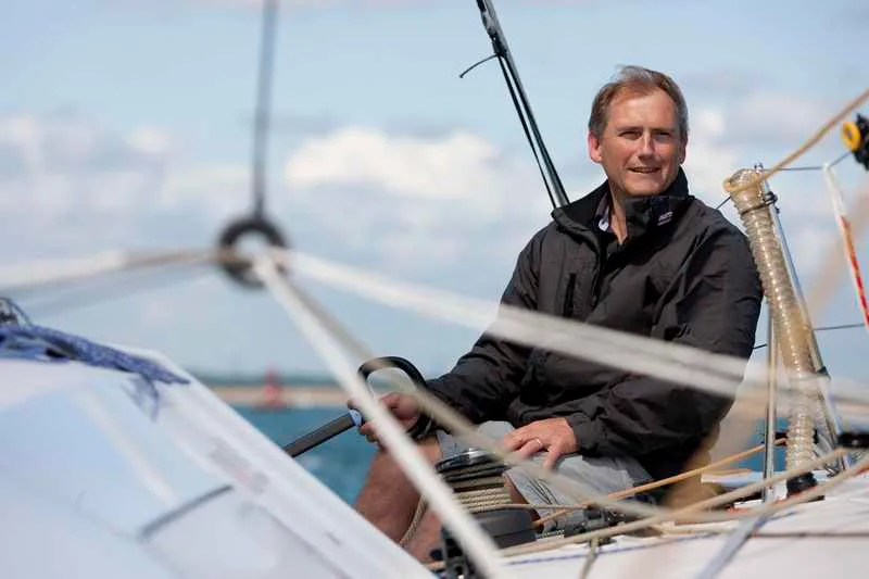 Pete Goss on DMS Pete Goss sailing onboard the "DMS" Class 40. Shown here training prior to the 2010 "Route du Rhum" solo transatlantic yacht race (Photo by Lloyd Images)