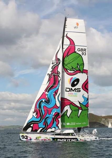 Pete Goss's Class 40 DMS Pete Goss sailing onboard the "DMS" Class 40. Shown here training prior to the 2010 "Route du Rhum" solo transatlantic yacht race (Photo by Lloyd Images)