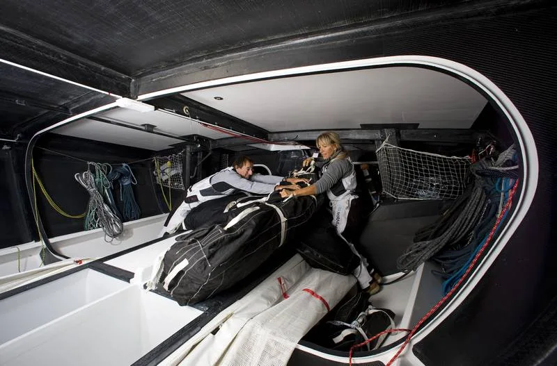MIRABAUD Dominique Wavre and Michèle Paret moving sails inside MIRABAUD (Photo by Th.Martinez/Mirabaud)