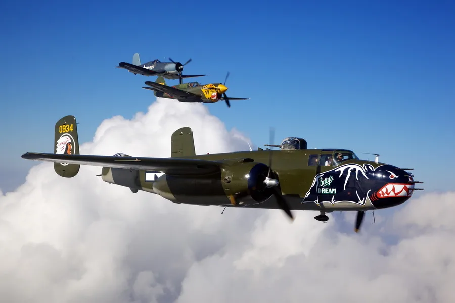 Mitchell B-25 Bomber Betty’s Dream leads the pack (photo credit Texas Flying Legend Museum)