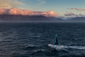 Team Telefonica, skippered by Iker Martinez from Spain finishes first on leg 1 of the Volvo Ocean Race 2011-12 from Alicante, Spain to Cape Town, South Africa at 18:14:25 UTC. (Photo by IAN ROMAN/Volvo Ocean Race)