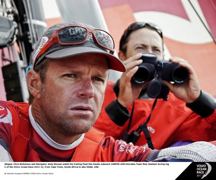 Skipper Chris Nicholson and Navigator Andy McLean watch the trailing fleet like hawks onboard CAMPER with Emirates Team New Zealand during leg 2 of the Volvo Ocean Race 2011-12, from Cape Town, South Africa to Abu Dhabi, UAE.(Photo by Hamish Hooper/CAMPER ETNZ/Volvo Ocean Race) 