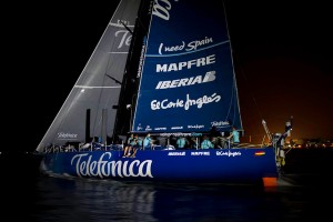 Team Telefonica, skippered by Iker Martinez from Spain finishes first (Photo by PAUL TODD/Volvo Ocean Race)
