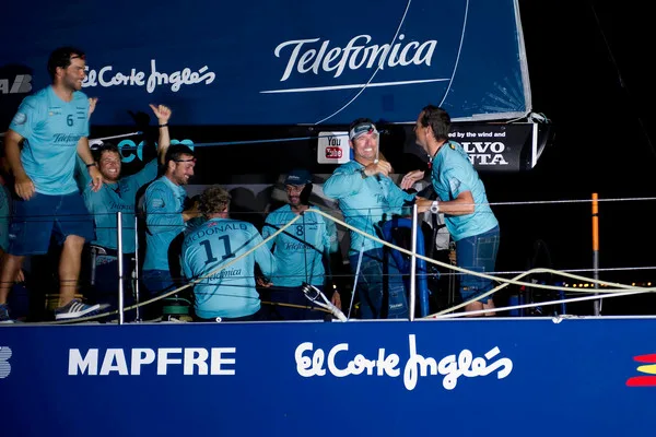 Team Telefonica Team Telefonica, skippered by Iker Martinez from Spain finishes first in to the safe haven port on stage 1 of leg 2 of the Volvo Ocean Race 2011-12 from Cape Town, South Africa, to Abu Dhabi, UAE. (Photo by PAUL TODD/Volvo Ocean Race)