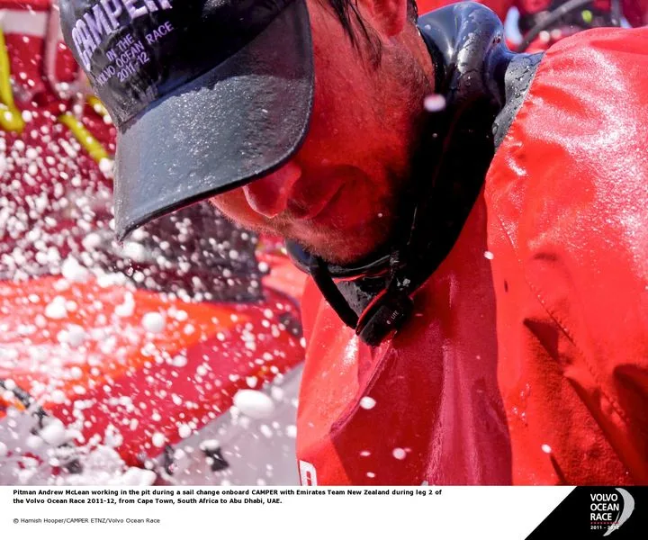 Andrew McLean by Hamish Hooper Pitman Andrew McLean working in the pit during a sail change onboard CAMPER with Emirates Team New Zealand during leg 2 (Photo by Hamish Hooper / CAMPER ETNZ / Volvo Ocean Race)