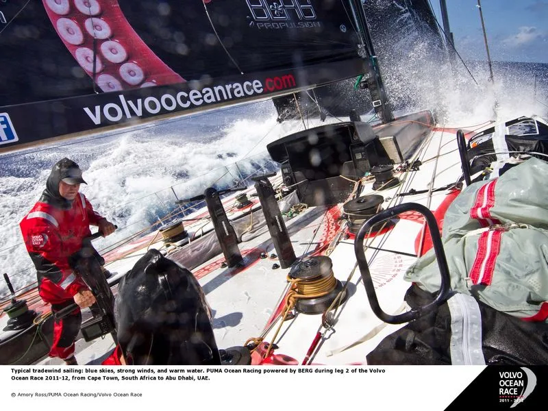 PUMA Ocean Racing by Amory Ross Typical tradewind sailing: blue skies, strong winds, and warm water. PUMA Ocean Racing powered by BERG during leg 2 of the Volvo Ocean Race 2011-12, from Cape Town, South Africa to Abu Dhabi, UAE. (Photo by Amory Ross / PUMA Ocean Racing / Volvo Ocean Race)