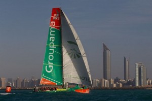 Groupama Sailing Team, skippered by Franck Cammas from France at the finish of leg 2 South Africa to Abu Dhabi (Photo by Ian Roman / Volvo Ocean Race)