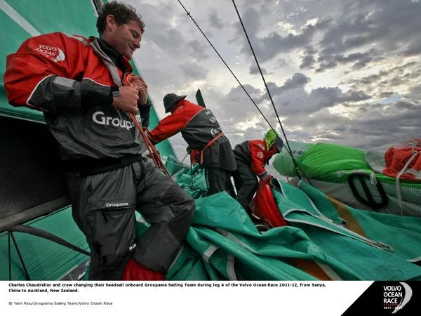 Charles Chaudlier Charles Chaudrelier and crew changing their headsail onboard Groupama Sailing Team during leg 4 of the Volvo Ocean Race 2011-12, from Sanya, China to Auckland, New Zealand. (Photo by Yann Riou/Groupama Sailing Team/Volvo Ocean Race)