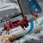 Mike Sanderson and Team Sanya Lead the Volvo Ocean Race fleet out of Auckland, New Zealand at the start of leg 5 ( Photo by Paul Todd / Volvo Ocean Race )