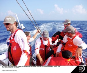 The crew change watch onboard CAMPER with Emirates Team New Zealand during leg 4 of the Volvo Ocean Race 2011-12, from Sanya, China to Auckland, New Zealand. (Photo by Hamish Hooper/CAMPER ETNZ/Volvo Ocean Race)