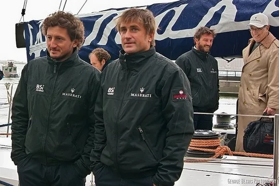 Corrado Rossignoli, Gabriele Olivo and Giovanni Soldini by George Bekris Maserati crew members Corrado Rossignoli, Gabriele Olivo and skipper Giovanni Soldini (Photo by George Bekris)