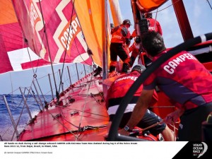All hands on deck during a sail change onboard CAMPER with Emirates Team New Zealand during leg 6 (Photo by Hamish Hooper/CAMPER ETNZ/Volvo Ocean Race)