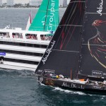 Abu Dhabi Ocean Racing, skippered by Ian Walker from the UK, passes a spectator boat, during the PORTMIAMI In-Port Race, during the Volvo Ocean Race 2011-12. (Photo by IAN ROMAN/Volvo Ocean Race)