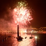 Fireworks go off in the city of Lisbon, as Abu Dhabi Ocean Racing, skippered by Ian Walker from the UK, finish first on leg 7, from Miami, USA to Lisbon, Portugal, during the Volvo Ocean Race 2011-12. (Photo by Paul Todd/ Volvo Ocean Race)