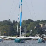 Oman Sail MOD70 Musandam arriving in Newport, RI, USA after crossing the Atlantic from France, France, 25th June 2012. (Photo © Richard Langdon/Ocean Images)