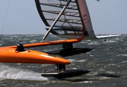 Paul Larsen and Sailrocket 2 blasting through another record day (Photo courtesy of Vestas Sailrocket)