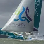 The Seven Star Round Britain and Ireland, race start. Cowes. Isle of Wight. The Oman Sail MOD70 trimaran in action, skippered by Sidney Gavignet (FRA) Please Credit: Lloyd Images