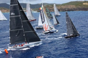 A spectacular start to the 2015 RORC Caribbean 600 in Antigua as IRC Zero and Canting Keel class, including George David's Rambler 88 and John Elkann's Volvo 70, Maserati cross the line (Photo ©Tim Wright/Photoaction.com)