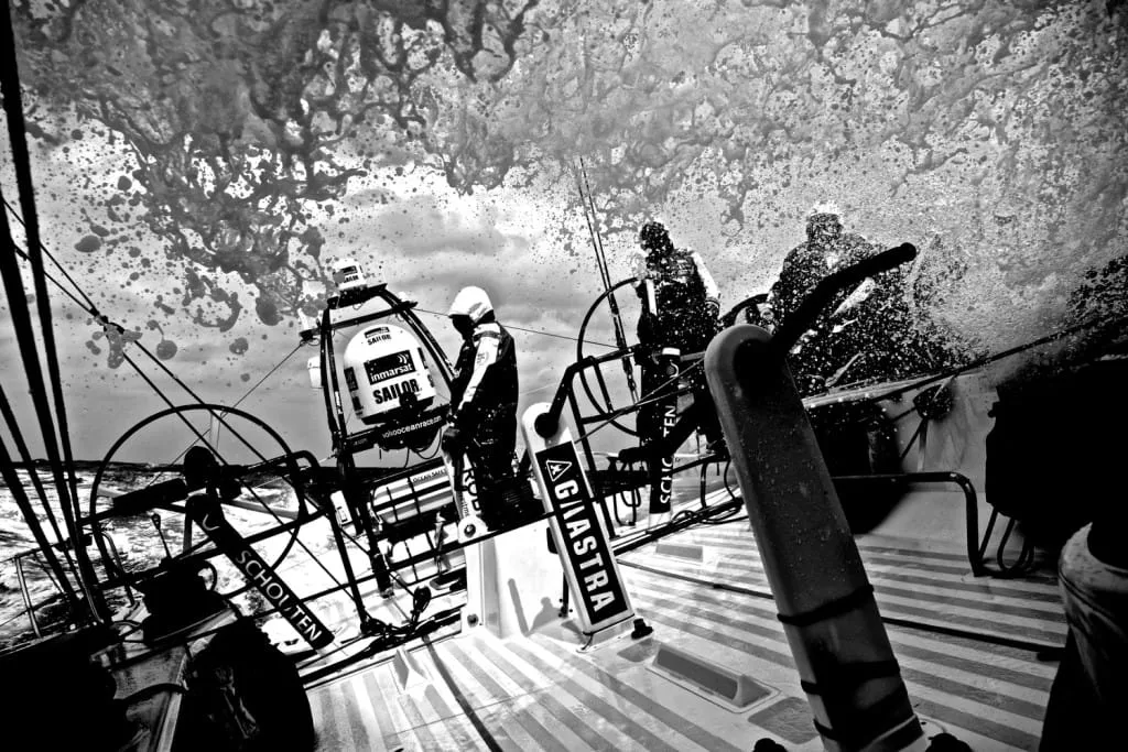 February 15, 2015. Leg 4 to Auckland onboard Team Brunel. Day 7. A huge wave crashes over the deck (Stefan Coppers / Team Brunel / Volvo Ocean Race)