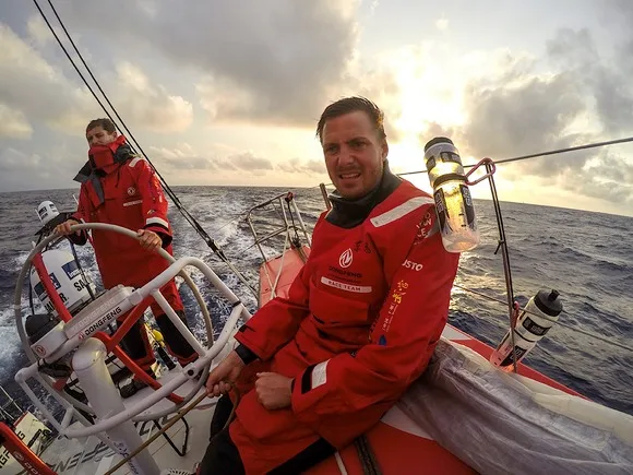 Martin S​trömberg​ and two​ preciou​s water ​bottles ​(Photo by ​Sam Gree​nfield/Dongfeng Race Team)