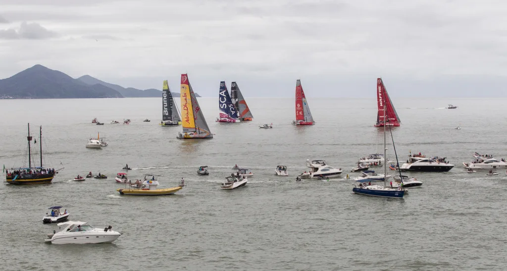 April 19, 2015. The start of Leg 6 in Itaja; The fleet have passed the start line (Photo by Ainhoa Sanchez / Volvo Ocean Race)