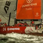 Team Dongfeng crossing the finish line to Win Leg 6 of the Volvo Ocean Race (Photo by George Bekris)