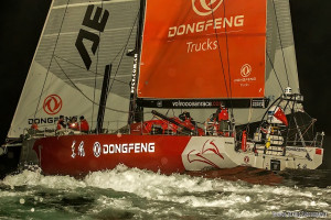 Team Dongfeng crossing the finish line to Win Leg 6 of the Volvo Ocean Race (Photo by George Bekris)