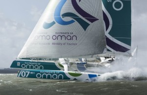 The Seven Star Round Britain and Ireland, race start.Cowes. Isle of Wight. Oman Sail MOD70 trimaran skippered by Sidney Gavignet (FRA) Please (Photo by Mark Lloyd / Lloyd Images)