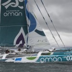 The Sultanate of Oman’s MOD70 Musandam -Oman Sail trimaran skippered by Sidney Gavignet (FRA). Shown here as the team cross the line and set a new world record for sailing round Ireland in 40h51m57s (unofficial - official to follow) Credit - Lloyd Images