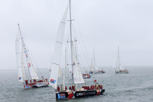 The LMAX Exchange (centre) and Great Britain yacht, (left) head off at the start of the Clipper 2015-16 Round the World Yacht Race at Southend Pier. PRESS ASSOCIATION Photo. Picture date: Monday August 31, 2015. (Photo by John Walton/PA Wire)