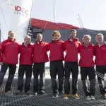 IDEC Sport Maxi Trimaran christening, prior to Their circumnavigation record Attempt, in La Trinite sur Mer, France, was october 14, 2015 - From left to right: skipper Francis Joyon, Roland Jourdain, Clement Surtel , Gwenole Gahinet Boris Herrmann, Bernard Stamm, Alex Pella (Photo by Photo Jean Marie Liot / DPPI / IDEC )