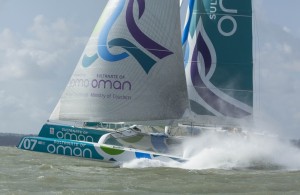 The Seven Star Round Britain and Ireland, race start.Cowes. Isle of Wight. Oman Sail MOD70 trimaran skippered by Sidney Gavignet (FRA) (Photo by Mark Lloyd/Lloyd Images)