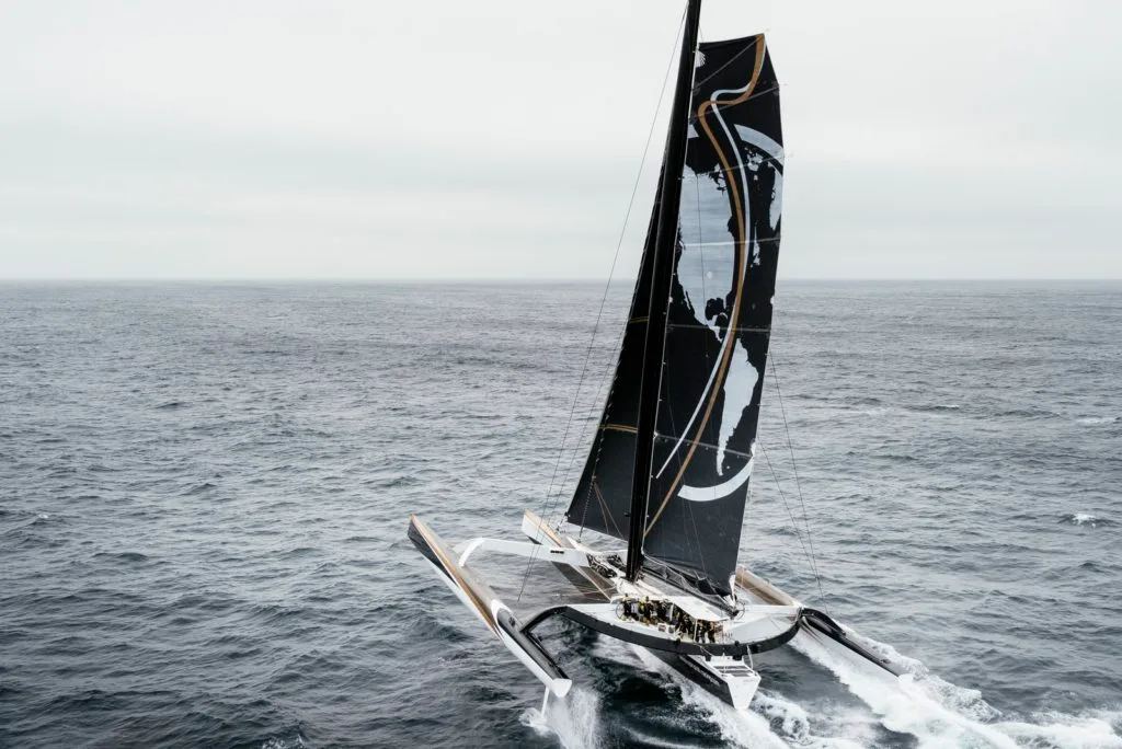 LA TRINITE-SUR-MER, FRANCE, OCTOBER 17TH 2017: Spindrift racing (Maxi Spindrift 2) skippered by Yann Guichard from France, training for the Jules Verne Trophy 2017 attempt.
